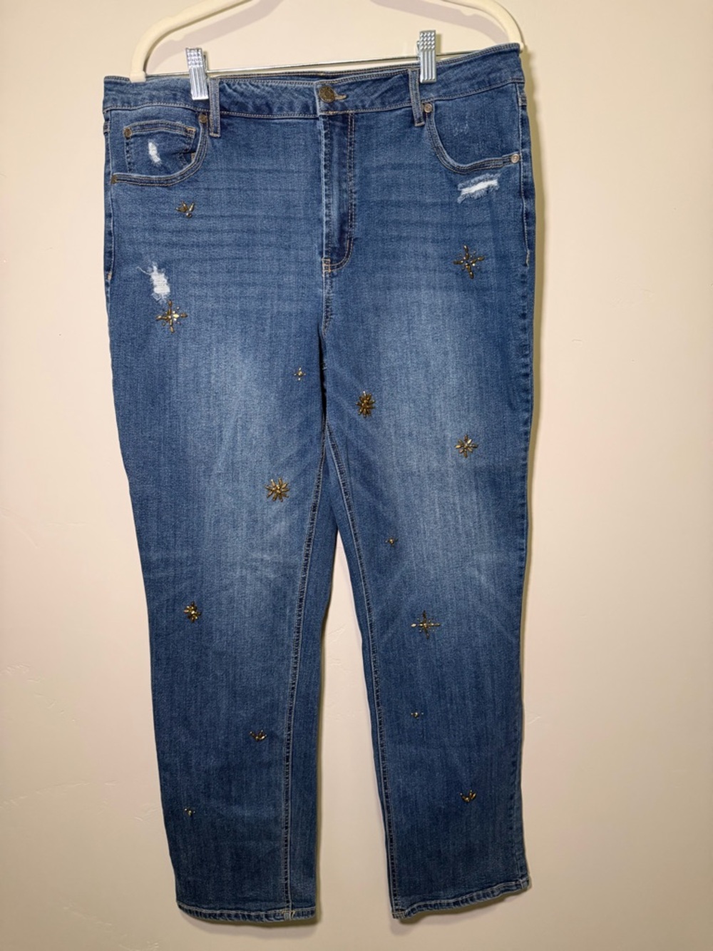 Cato Blue Straight Leg Jeans with Gold Star Embellishments